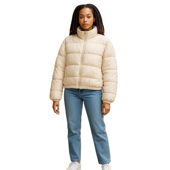 SACRE' Woman's Size Medium Cream Puffer Full Zip Cropped Jacket Outdoors - Picture 1 of 8